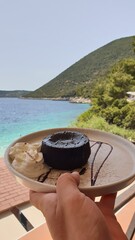 Chocolate Dessert with Sea View on Lefkada, Ionian Islands, Greece
