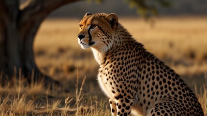 Cheetah surveys its savanna habitat, seated by the dry grass under the fading sun