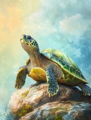 Fototapeta premium Sea Turtle on Rock Artwork Green Turtle Marine Life Illustration