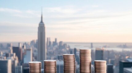 Obraz premium Financial Growth in the City: Stacks of coins ascend in a sequence, symbolizing financial growth. The iconic cityscape in the background sets a scene of ambition and opportunity