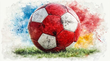 Red soccer ball on grass, watercolor style