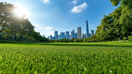 City skyline with park under bright sunlight.