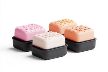 Four colorful, square treats in black containers, resembling waffles