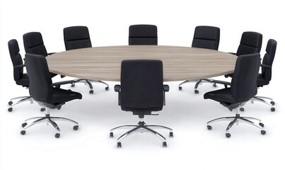 Fototapeta premium Modern Conference Room with Large Oval Wooden Table Surrounded by Black Office Chairs for Business Meetings and Professional Collaborations
