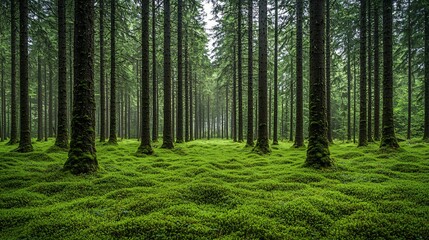 Obraz premium Misty Forest Floor, Tranquil Trees, Nature