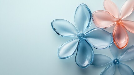 Fototapeta premium Three translucent flowers in shades of blue and pink shine brightly
