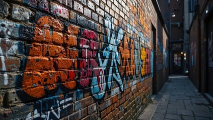 Obraz premium Graffiti-covered brick wall, urban alley