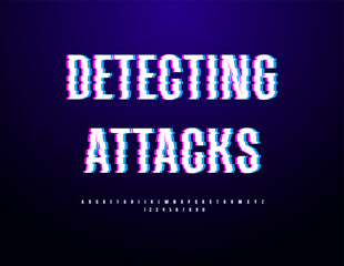 Naklejka premium Vector Digital concept Detecting Attacks. Glitched Pixels Font. Bright Techno Alphabet Letters and Numbers set