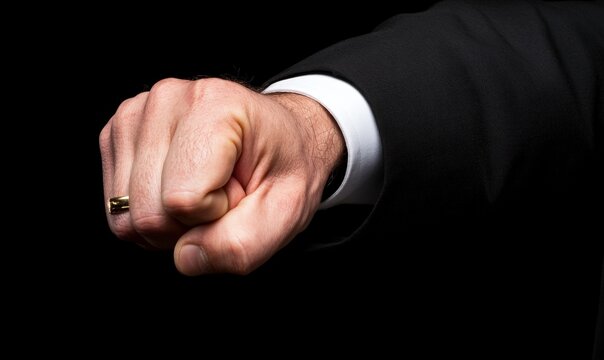 Close-Up of a Man's Fist Clenched in Determination, Wearing a Black Suit with a Ring, Against a Dramatic Dark Background, Symbolizing Strength and Resolve