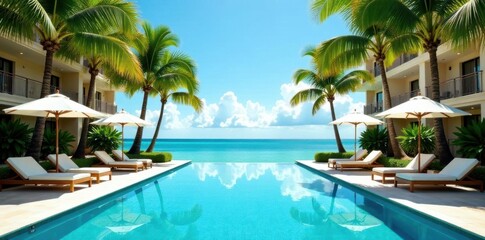 Obraz premium Azure waters, palm trees framing a resort pool , sun, beautiful, poolside