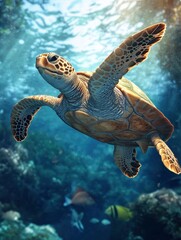Obraz premium Sea Turtle Swimming in Ocean with Sunlight Streaming Through Water Column