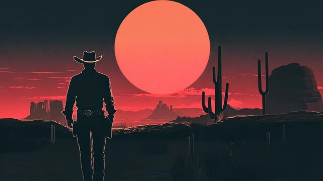 Wild West Cowboy Shootout Cartoon Illustration with Guns and Cactus Sunset