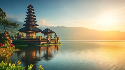 Fototapeta premium Bali Temple Sunrise Reflection.