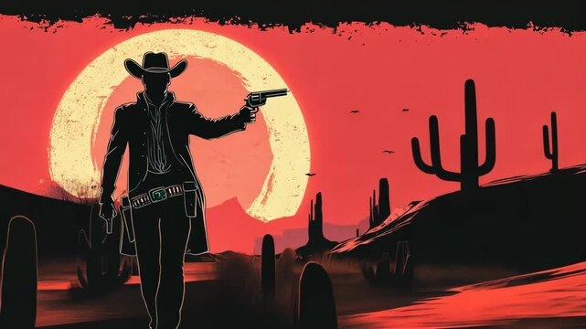 Wild West Cowboy Silhouette Vector Illustration with Gunfight Scene and Desert Elements