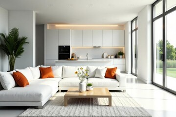 Bright white living area flows into modern kitchen, design, furniture, minimalist aesthetic