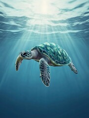 Obraz premium Sea Turtle Swimming Underwater with Sun Rays Shining Through the Water