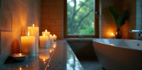 Burning aromatic candles in a tranquil spa bathroom, aromatic, treatment, pebbles