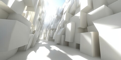 A bright white corridor composed of geometric three dimensional blocks