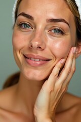 Fototapeta premium Clean, glowing skin after spa facial; close-up , face, natural, organic