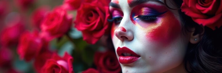 Close-up, avant-garde face paint on a rose backdrop, professional, texture, image
