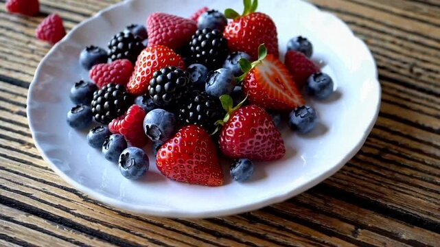 Plate of fresh mixed berries on wooden table, summer harvest celebration, healthy eating, antioxidant-rich fruit, rustic background