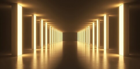An illuminated corridor featuring symmetrical columns and golden lighting reflections
