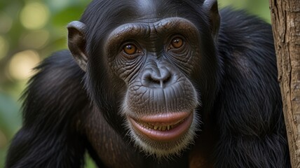 Close-up of a chimp peering from behind a tree, looking into the camera with warmth