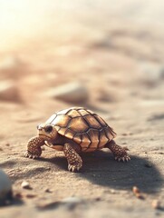 Obraz premium Walking Turtle on Sandy Ground with Sunlight - Nature and Wildlife