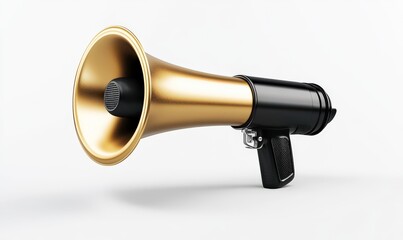 Classic Megaphone with Golden Mouthpiece and Black Handle for Announcements, Promotions, Events, and Outdoor Activities, Isolated on White Background