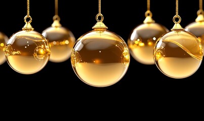 Beautiful golden ornaments hanging gracefully against a black background, perfect for festive decorations and seasonal celebrations, shining and reflective
