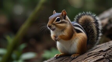Striped chipmunk with bright eyes and bushy tail sits on a tree, framed by a soft, blurred forest