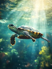 Obraz premium Sea Turtle Swimming Underwater with Sunbeams and Coral Reef Background