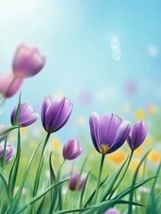 Fototapeta premium Blooming Purple Tulips in a Meadow with a Soft Blue Sky