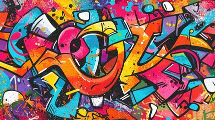 Vibrant graffiti art with colorful lettering and abstract shapes on a textured background.