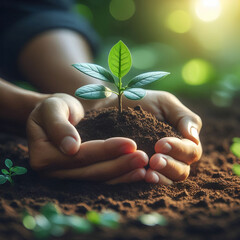 Hands holding a small growing plant with care