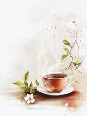 Steaming Cup of Tea Illustration with Flower and Watercolor Background