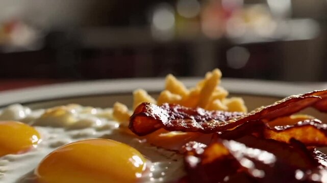 Crispy bacon alongside sunny-side up eggs and fries, perfect breakfast, brunch elegance, cozy holiday morning, delicious comfort food