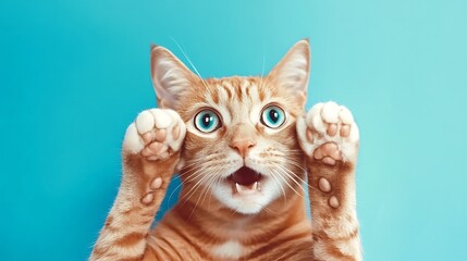 Playful Orange Cat with Blue Background Exudes Joy and Curiosity
