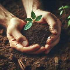 Hands holding a small growing plant with care