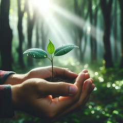 Hands holding a small growing plant with care