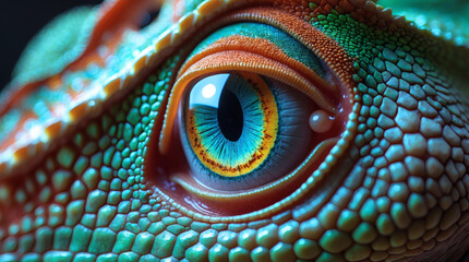 Naklejka premium Detailed close-up reveals intricate patterns and vibrant colors in a reptile's eye, showcasing nature's stunning artistry.