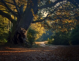 Entrando en un sendero en medio de un frondoso bosque oto&ntilde;al, 