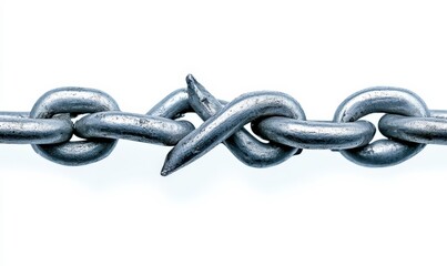 Fototapeta premium Rusty metal chain link showing a kinked and twisted section against a bright white background emphasizing wear and damage in industrial settings.