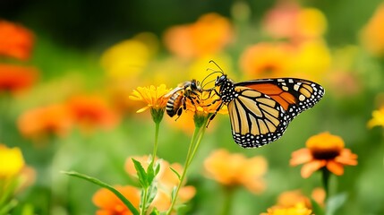 Diverse pollinator garden with native flowers and plants supporting bees butterflies and other essential pollinators for ecosystem health