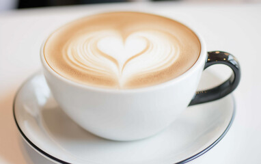 Latte Art Heart in White Cup on Saucer, Coffee Drink Close-up