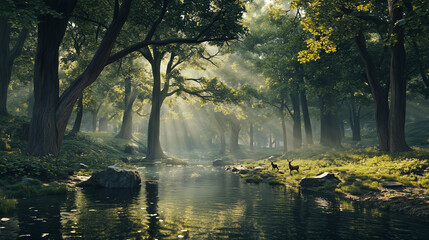 Fototapeta premium A serene forest scene with towering ancient trees, sunlight filtering through dense leaves.