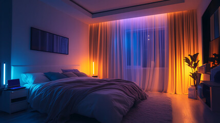 A bedroom with a bed, curtains, and a plant