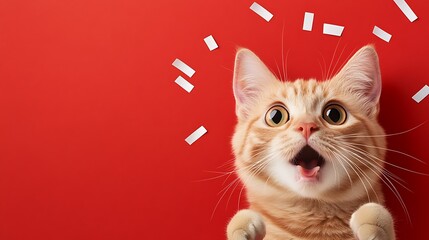 Excited orange cat with big eyes on vibrant red background