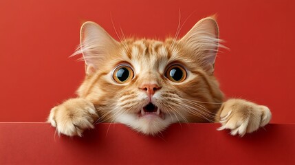 Cute Ginger Cat Peeking Over Red Background with Big Eyes and Expression