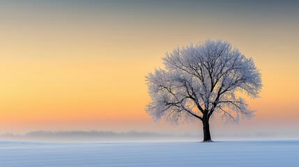 A symbolic tree resembling human lungs at winter sunrise, frost and snow